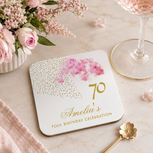Dessous-de-verre Carré En Papier Aquarelle Orchidée Rose Paillettes Dorées 70e Anni