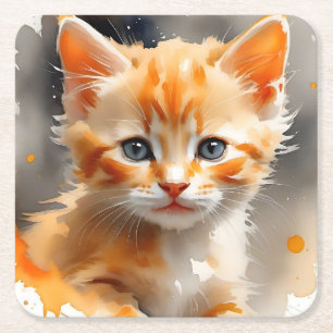 Dessous-de-verre Carré En Papier Aquarelle peinture d'un chat orange mignon