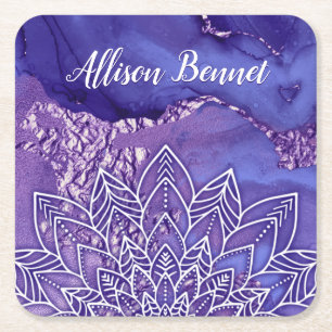 Dessous-de-verre Carré En Papier Aquarelle personnalisée violet blanc Mandala