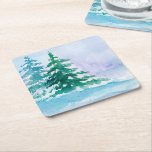 Dessous-de-verre Carré En Papier Aquarelle Pins d'hiver réutilisables