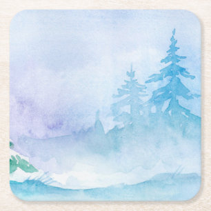 Dessous-de-verre Carré En Papier Aquarelle Pins d'hiver réutilisables