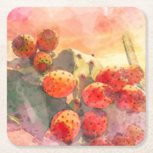 Dessous-de-verre Carré En Papier Aquarelle Pricken Pear Cactus Fruits Ciel rouge