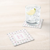 Dessous-de-verre Carré En Papier Aquarelle rose et vert Mahjong Tiles Monogramme (En situation)