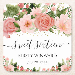 Dessous-de-verre Carré En Papier Aquarelle Roses roses roses fuchsia Sweet Sixteen