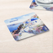 Dessous-de-verre Carré En Papier Aquarelle Santorini Oia (Incliné)