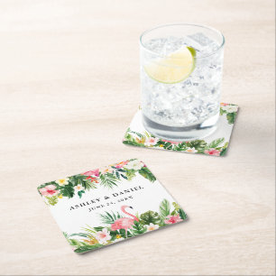 Dessous-de-verre Carré En Papier Aquarelle Tropical Floral Flamant rose Mariage