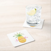 Dessous-de-verre Carré En Papier Aquarelle tropicale ananas Nom Monogramme (En situation)