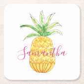 Dessous-de-verre Carré En Papier Aquarelle tropicale ananas Nom Monogramme (Devant)
