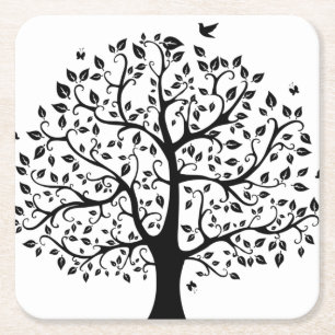Dessous-de-verre Carré En Papier Arbre à vie noire et blanche