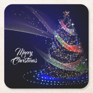 Dessous-de-verre Carré En Papier Arbre coloré de Noël bleu marine Fête de Noël