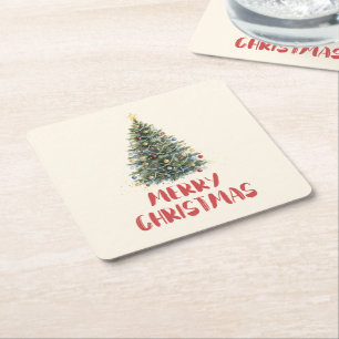 Dessous-de-verre Carré En Papier Arbre de Noël à l'aquarelle rustique Noël Fêtes de