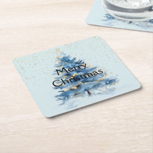 Dessous-de-verre Carré En Papier Arbre de Noël bleu Confetti en or (Incliné)