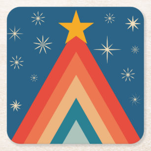 Dessous-de-verre Carré En Papier Arbre de Noël minimaliste rouge et bleu rétro groo