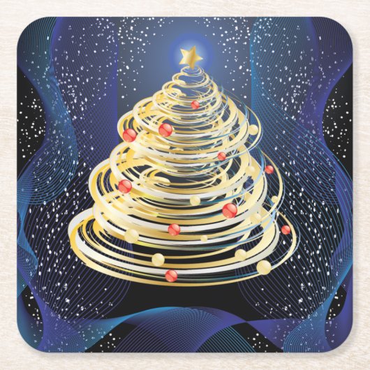 Dessous-de-verre Carré En Papier Arbre de Noël moderne filant en or (Devant)