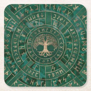 Dessous-de-verre Carré En Papier Arbre de vie - Yggdrasil et Futhark - Malachite