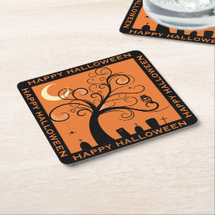 Dessous-de-verre Carré En Papier Arbre et cimetière Orange Art Joyeux Halloween