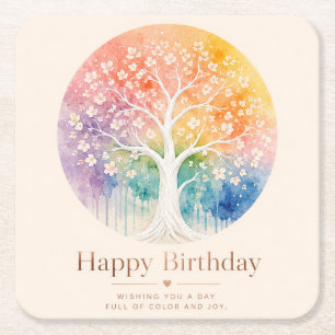 Dessous-de-verre Carré En Papier Arbre Fleurissant Arc-en-Ciel Anniversaire Joie