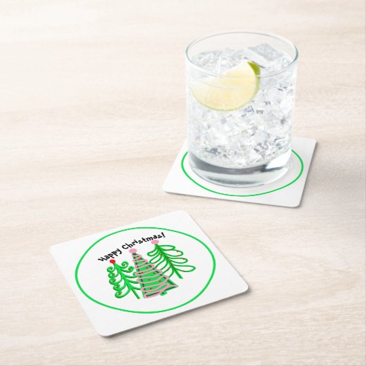 Dessous-de-verre Carré En Papier Arbres de Noël rose vert (En situation)