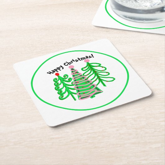 Dessous-de-verre Carré En Papier Arbres de Noël rose vert (Incliné)