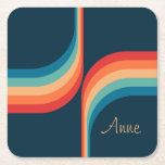 Dessous-de-verre Carré En Papier Arcs colorés de style rétro<br><div class="desc">Retro double arche pattern geometrical illustration with turquoise,  blue,  red and beige stripes decoration on dark blue background. Add your name/monogram or delete the text</div>