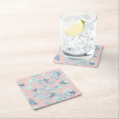 Dessous-de-verre Carré En Papier Arrière - plan rose avec oiseaux et fleurs (En situation)