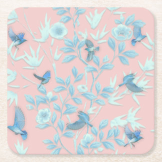 Dessous-de-verre Carré En Papier Arrière - plan rose avec oiseaux et fleurs