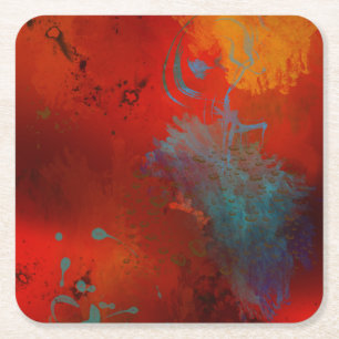 Dessous-de-verre Carré En Papier Art abstrait numérique grunge rouge, aqua et or