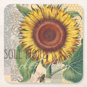 Dessous-de-verre Carré En Papier Art de fleur de damas vintage tournesol