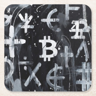Dessous-de-verre Carré En Papier Art de rue sur la monnaie Bitcoin (Peinture noire 