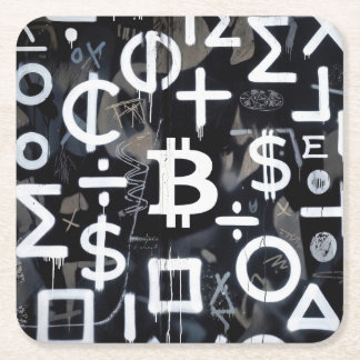 Dessous-de-verre Carré En Papier Art de rue sur la monnaie Bitcoin (Peinture noire 