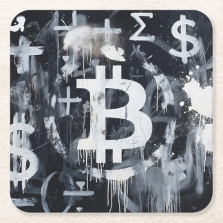 Dessous-de-verre Carré En Papier Art de rue sur la monnaie Bitcoin (Peinture noire 