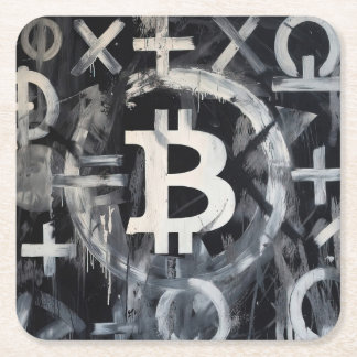 Dessous-de-verre Carré En Papier Art de rue sur la monnaie Bitcoin (Peinture noire 