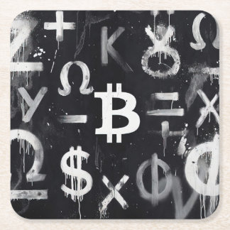 Dessous-de-verre Carré En Papier Art de rue sur la monnaie Bitcoin (Peinture noire 