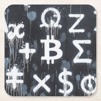 Dessous-de-verre Carré En Papier Art de rue sur la monnaie Bitcoin (Peinture noire 