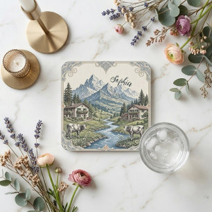 Dessous-de-verre Carré En Papier Art de vaches pâturant dans une prairie alpine enn