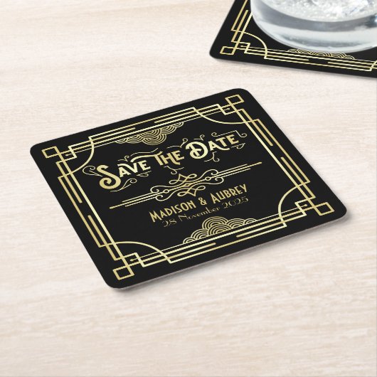 Dessous-de-verre Carré En Papier Art Déco Mariage Elegant Gold Black Enregistrer la (Incliné)