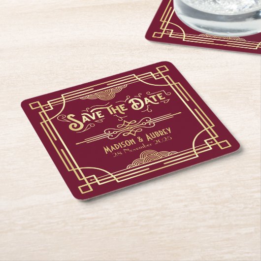 Dessous-de-verre Carré En Papier Art Déco Mariage Gold Bourgogne Enregistrer la dat (Incliné)