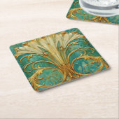 Dessous-de-verre Carré En Papier Art Deco Retro Gold Turquoise Trumpet Flower (Incliné)