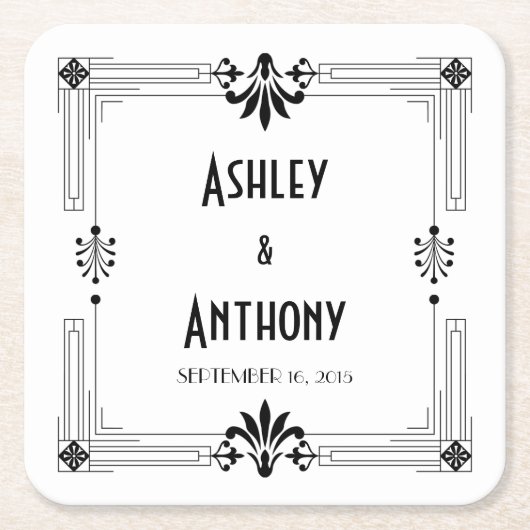 Dessous-de-verre Carré En Papier Art Déco Roaring 20s Bride Groom Date Mariage (Devant)