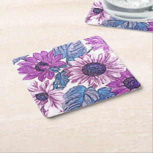 Dessous-de-verre Carré En Papier Art floral vintage bleu et violet