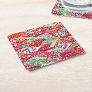 Dessous-de-verre Carré En Papier Art japonais Rouge Floral Yuzen Dessous de verre C