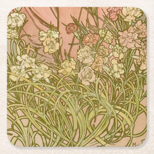 Dessous-de-verre Carré En Papier Art Nouveau Alphonse Mucha Fleurs d'œillet floral