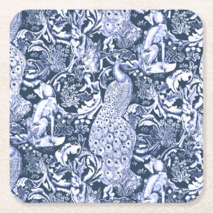 Dessous-de-verre Carré En Papier Art Nouveau Peacock Print, Navy et White