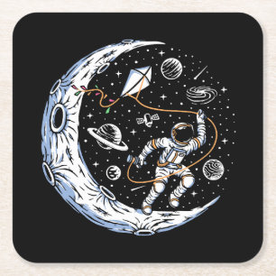 Dessous-de-verre Carré En Papier Astronaute faisant voler un cerf-volant sur la Lun