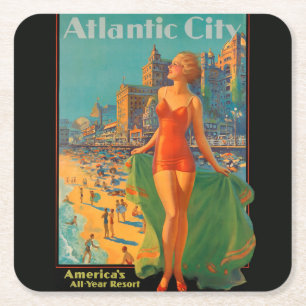 Dessous-de-verre Carré En Papier Atlantic City Beach Beauté Vintage Art
