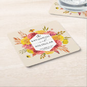 Dessous-de-verre Carré En Papier Automne rose et jaune Aquarelle Mariage floral (Incliné)