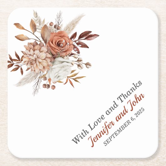 Dessous-de-verre Carré En Papier Automne Terracotta Rustique Floral Mariage (Devant)