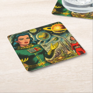 Dessous-de-verre Carré En Papier B.D. féminine de science-fiction vintage