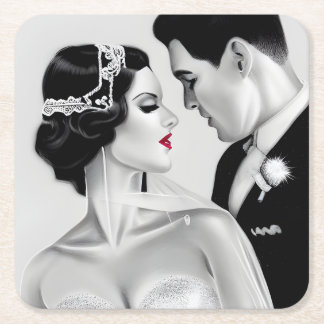 Dessous-de-verre Carré En Papier B&W Retro Art Déco Mariée et chambre Vintage