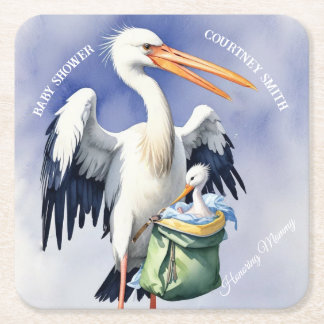 Dessous-de-verre Carré En Papier BABEAU SHOWER. cigogne avec un sac